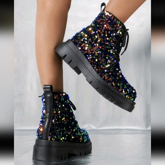 Women Sequin Decor Lace-up Front Boots,Punk Round Toe Mid Heel Combat Boots - Picture 1 of 6